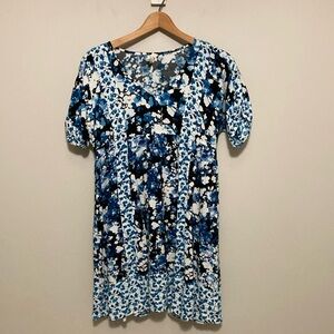 Lapis Blue and White Puff Sleeve Mini Dress, Floral Sundress women’s size medium